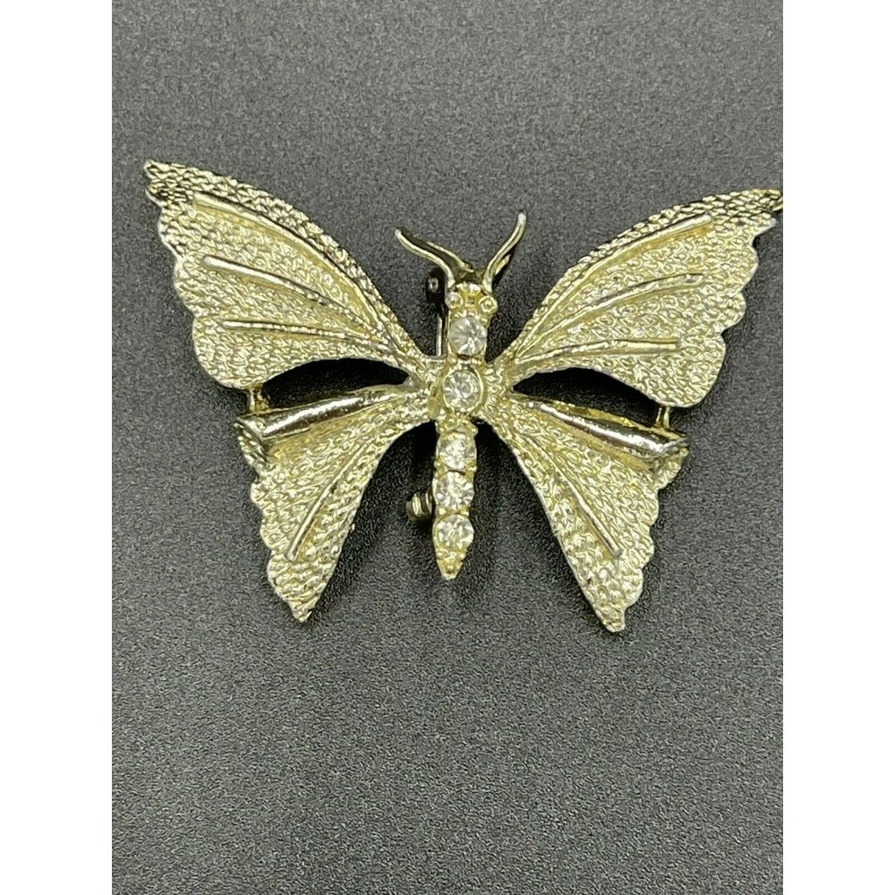 Vintage GERRY’S Gold Tone Textured Butterfly Pin Brooch W Rhinestone Accents